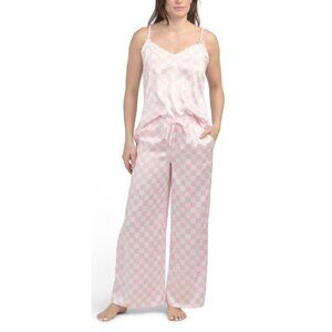 NWT Paris Hilton Pink + White Checkered Satin Pajama Set Size Large